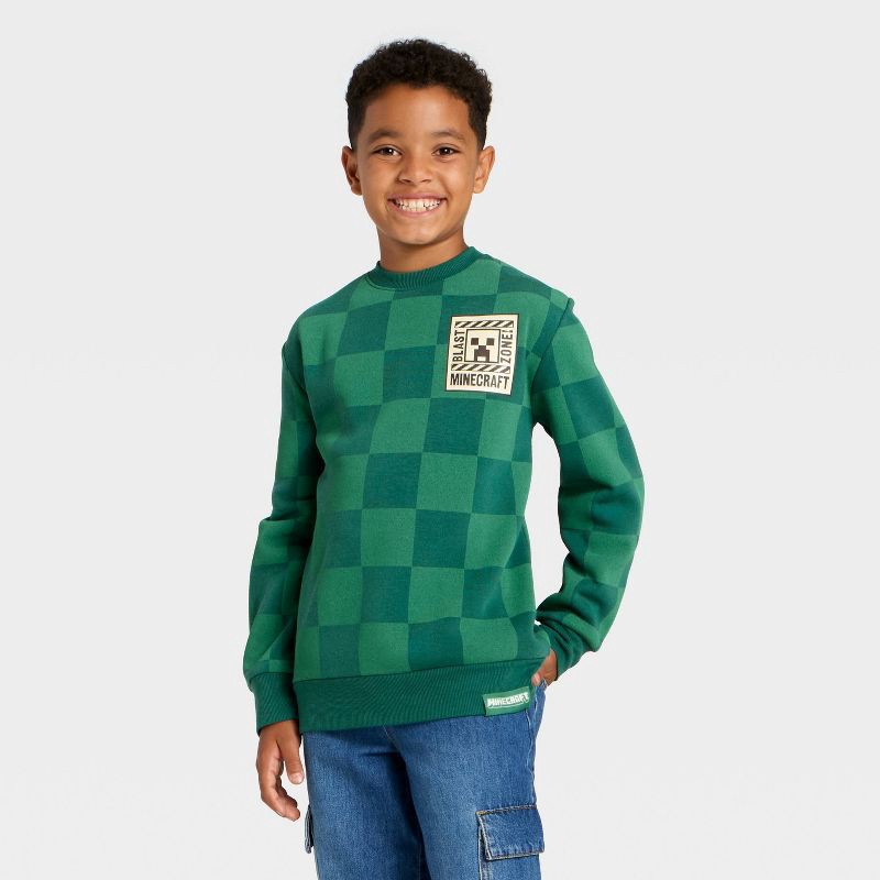 slide 1 of 4, Boys' Minecraft Creeper Checkered Fleece Sweatshirt - Dark Green L, 1 ct