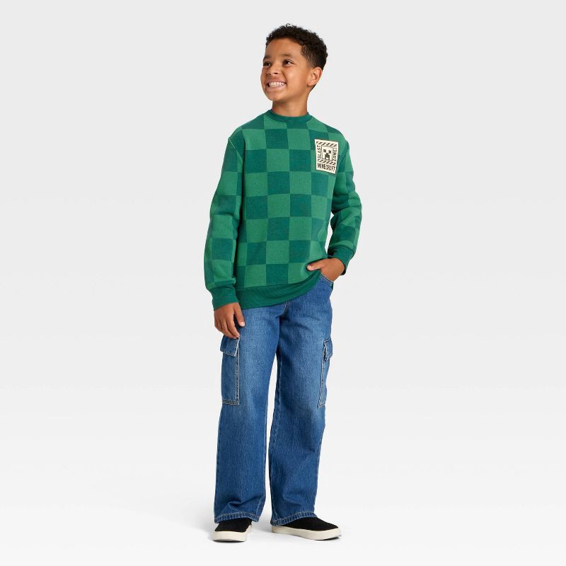 slide 4 of 4, Boys' Minecraft Creeper Checkered Fleece Sweatshirt - Dark Green XL, 1 ct