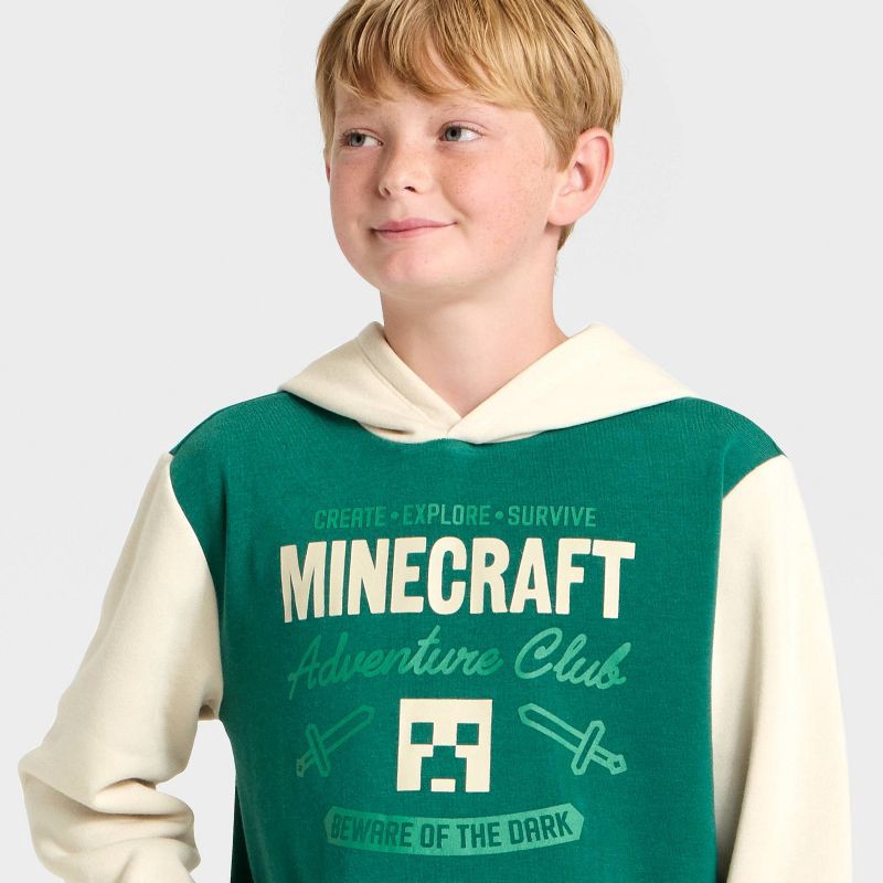 slide 2 of 4, Boys' Minecraft Creeper Colorblock Fleece Hooded Sweatshirt - Dark Green XS, 1 ct