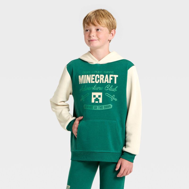 slide 1 of 4, Boys' Minecraft Creeper Colorblock Fleece Hooded Sweatshirt - Dark Green L, 1 ct