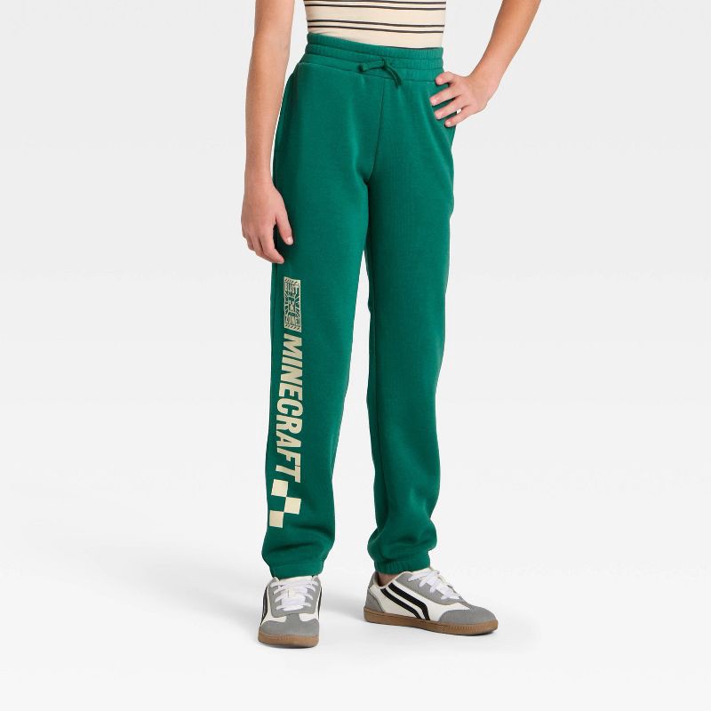 slide 1 of 4, Boys' Minecraft Creeper Fleece Sweatpants - Dark Green L, 1 ct