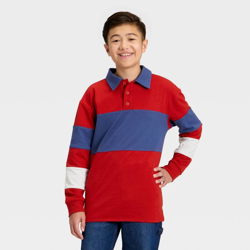 slide 1 of 3, Boys' Long Sleeve Striped Rugby Shirt - art class™ Red M, 1 ct