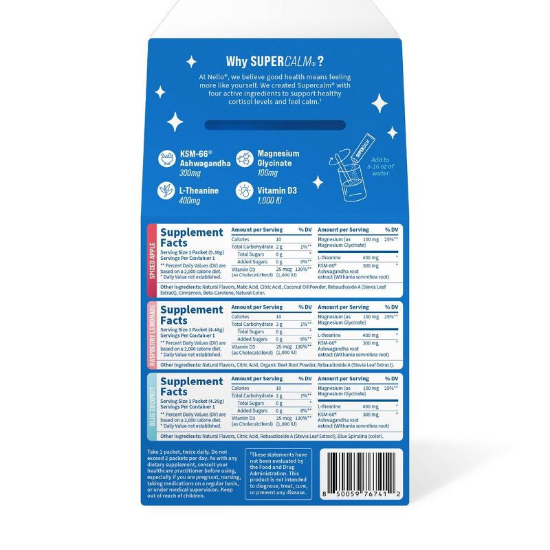 slide 8 of 8, Nello Supercalm Calming Drink Mix Supplement Powder - Stocking Stuffer Variety - 3ct, 3 ct