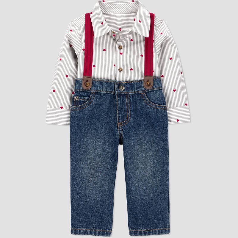 slide 5 of 5, Carter's Just One You® Baby Boys' 2pc Valentine's Day Striped Heart Button-Down Shirt and Denim Suspender Set - Blue/Gray 3M, 2 ct