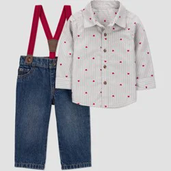 Carter's Just One You® Baby Boys' 2pc Valentine's Day Striped Heart Button-Down Shirt and Denim Suspender Set - Blue/Gray 3M