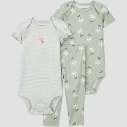 Carter's Just One You® Baby Girls' 3pc Floral Long Sleeve Bodysuits and Ruffle Overalls Set - Green 9M