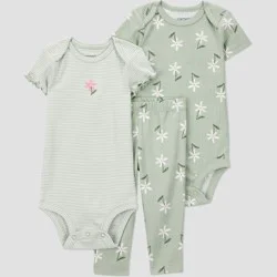 Carter's Just One You® Baby Girls' 3pc Floral Long Sleeve Bodysuits and Ruffle Overalls Set - Green 12M