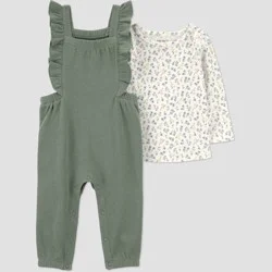 Carter's Just One You® Baby Girls' 2pc Floral Long Sleeve Bodysuit and Ruffle Overalls Set - Green Newborn