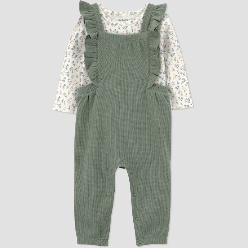 slide 5 of 6, Carter's Just One You® Baby Girls' 2pc Floral Long Sleeve Bodysuit and Ruffle Overalls Set - Green 3M, 2 ct