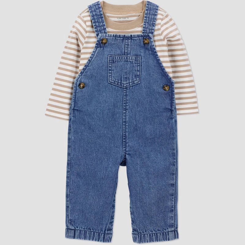 slide 2 of 6, Carter's Just One You® Baby Boys' 2pc Striped Long Sleeve T-Shirt and Denim Overalls Set - Blue/Off-White 18M, 2 ct