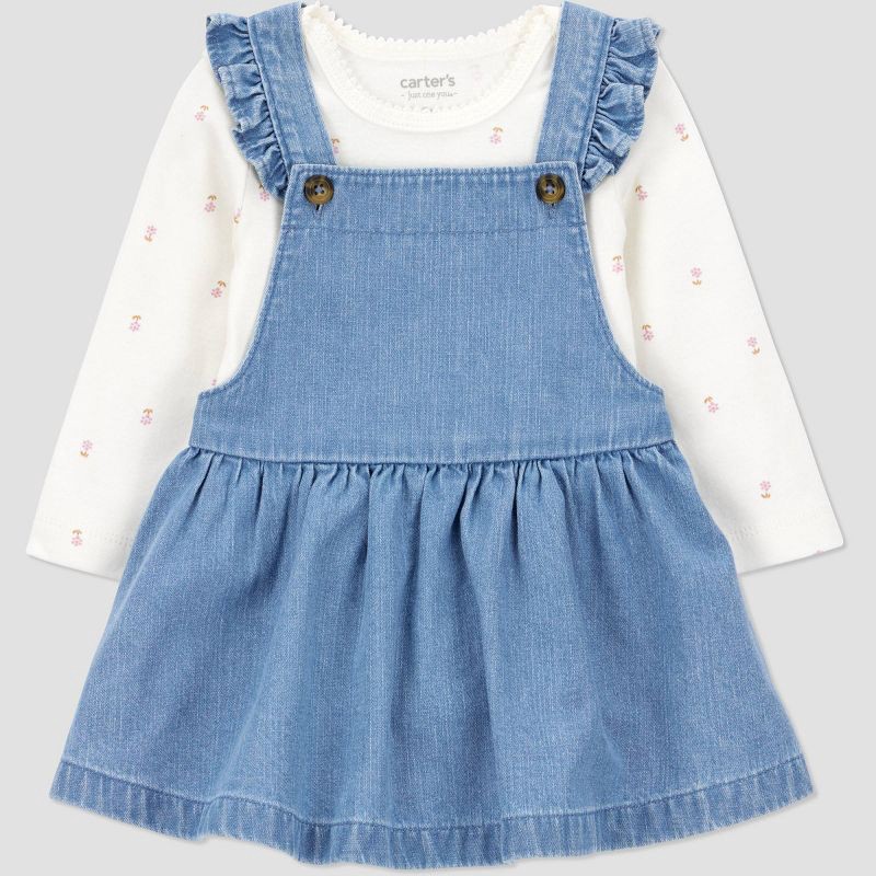 slide 2 of 5, Carter's Just One You® Baby Girls' 2pc Floral Long Sleeve Bodysuit and Denim Dress Set - Blue 3M, 2 ct
