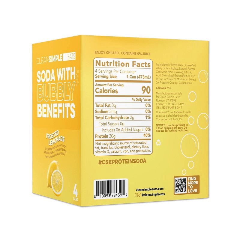 slide 2 of 8, Clean Simple Eats Clear 20g Protein Soda Frosted Lemonade - 4pk/16 fl oz Cans, 4 ct; 16 fl oz