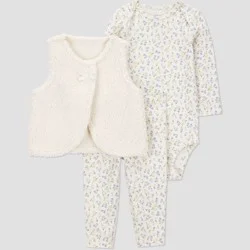 Carter's Just One You® Baby Girls' 3pc Floral Faux Shearling Vest with Bodysuit and Leggings Set - Cream 6M