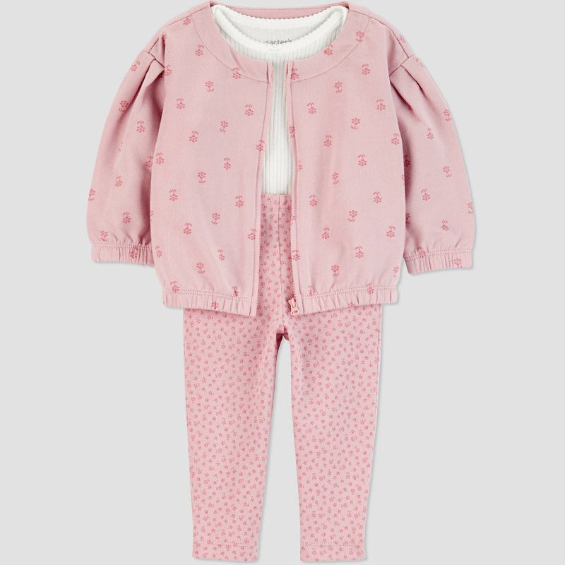 slide 2 of 5, Carter's Just One You® Baby Girls' 3pc Floral Zip-Up Sweatshirt with Bodysuit and Leggings Set - Pink 12M, 3 ct