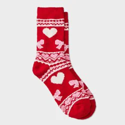 Girls' Fair Isle Hearts & Bows Cozy Pajama Crew Socks - art class™ Red M