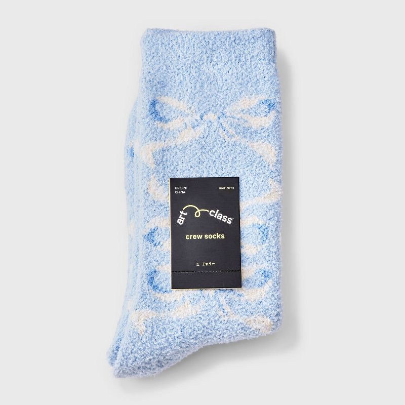 slide 2 of 3, Girls' Bows Cozy Pajama Crew Socks - art class™ Light Blue M, 1 ct