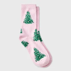 Girls' Christmas Tree Cozy Pajama Crew Socks - art class™ Pink S