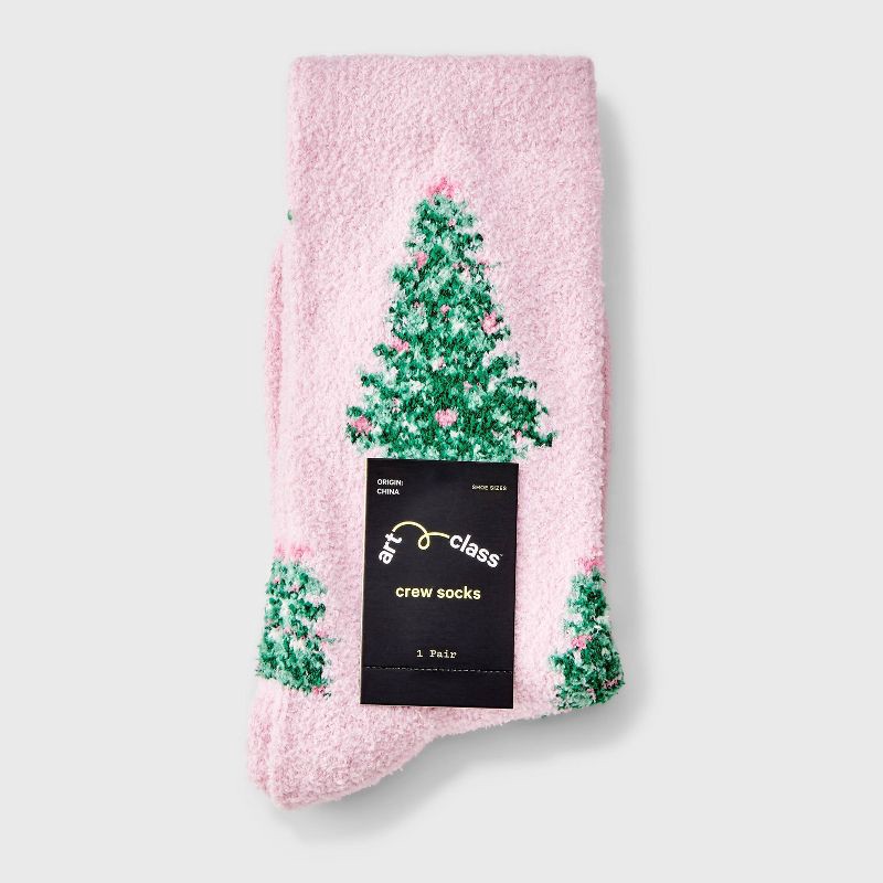 slide 2 of 3, Girls' Christmas Tree Cozy Pajama Crew Socks - art class™ Pink M, 1 ct
