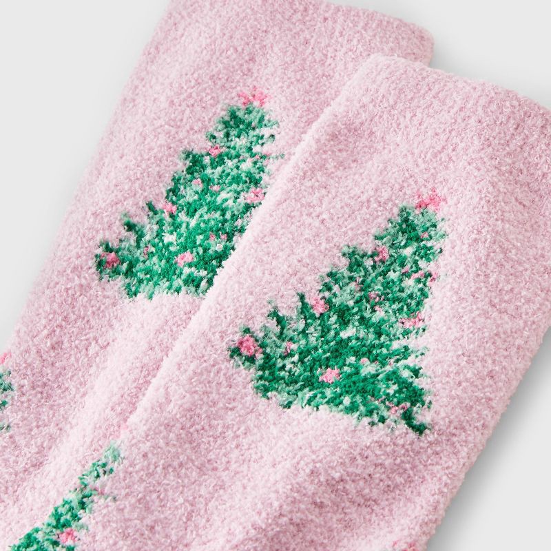 slide 3 of 3, Girls' Christmas Tree Cozy Pajama Crew Socks - art class™ Pink M, 1 ct