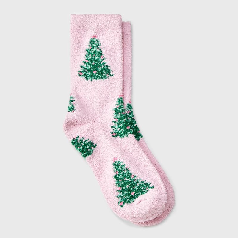 slide 1 of 3, Girls' Christmas Tree Cozy Pajama Crew Socks - art class™ Pink M, 1 ct