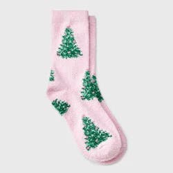 Girls' Christmas Tree Cozy Pajama Crew Socks - art class™ Pink M