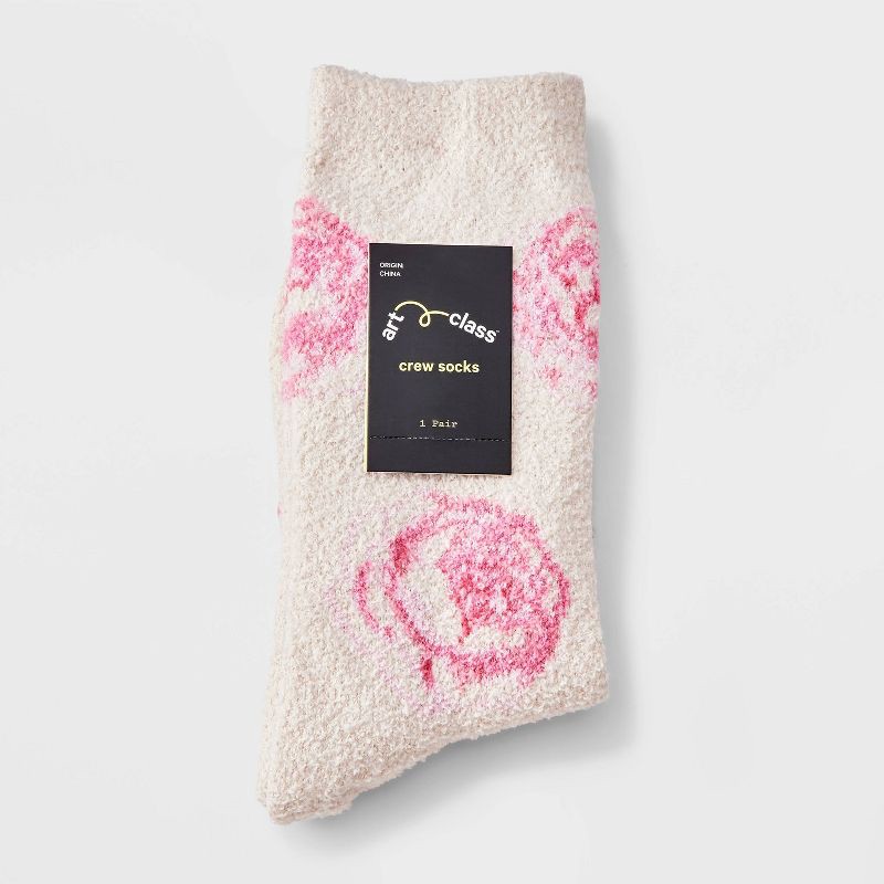 slide 2 of 3, Girls' Floral Cozy Pajama Crew Socks - art class™ Cream M, 1 ct