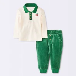 Baby Boys' Christmas Holiday 2pc Long Sleeve Polo Shirt and Knit Corduroy Pants Set - Cloud Island™ Cream 18M