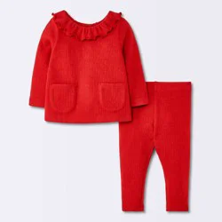 Baby Girls' Christmas Holiday 2pc Ribbed Pocket Long Sleeve Top and Leggings Set - Cloud Island™ Red 18M