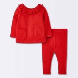 Baby Girls' Christmas Holiday 2pc Ribbed Pocket Long Sleeve Top and Leggings Set - Cloud Island™ Red 18M