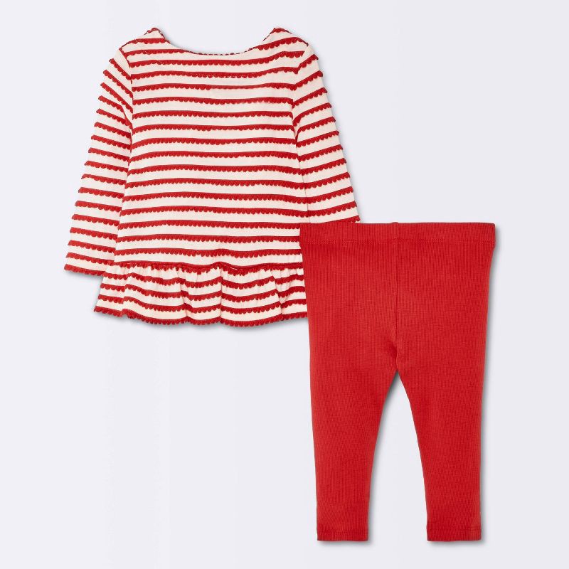 slide 2 of 4, Baby Girls' 2pc Striped Scalloped Long Sleeve T-Shirt and Ribbed Leggings Set - Cloud Island™ Red 24M, 2 ct