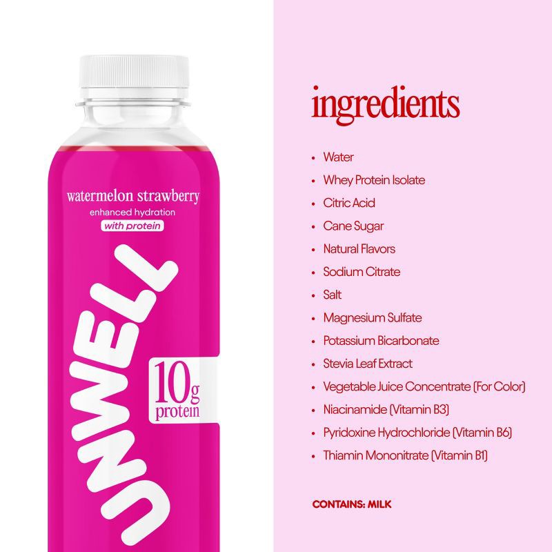slide 8 of 8, Unwell Hydration Protein Drink with Electrolytes and 10g Whey Protein Isolate Watermelon Strawberry - 16.9 fl oz, 10 gram, 16.9 fl oz