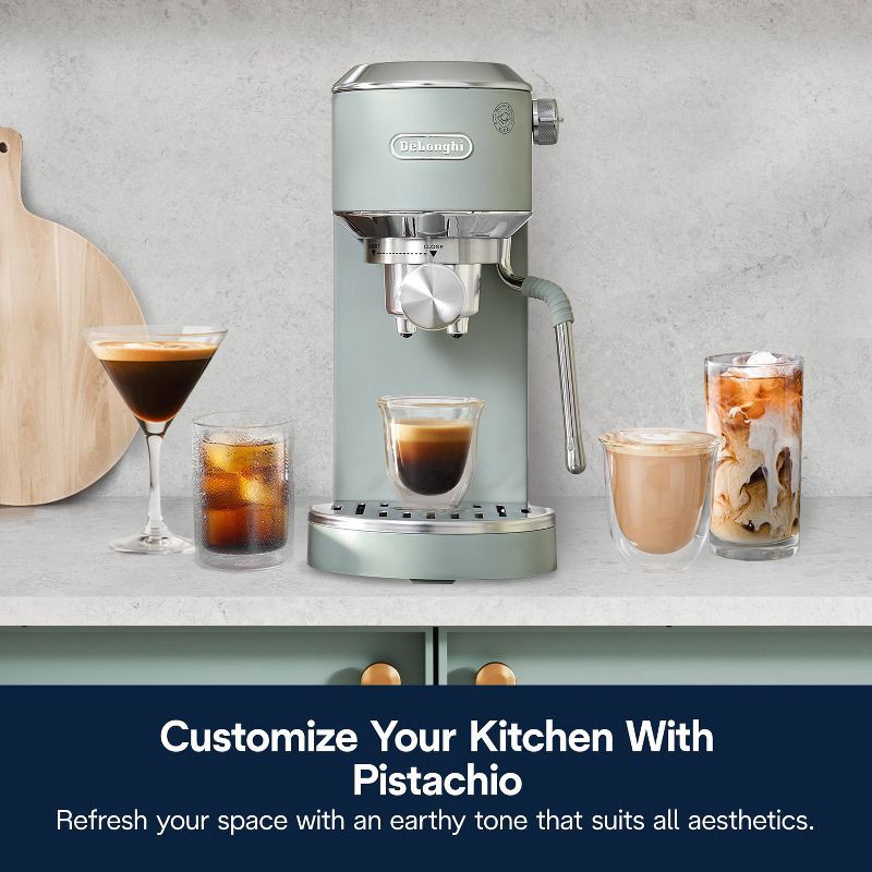 slide 9 of 14, DeLonghi Dedica Duo Espresso and Cold Brew Machine with Milk Frother for Hot & Iced Coffee, Cappuccinos, Lattes & More Pistachio, 1 ct