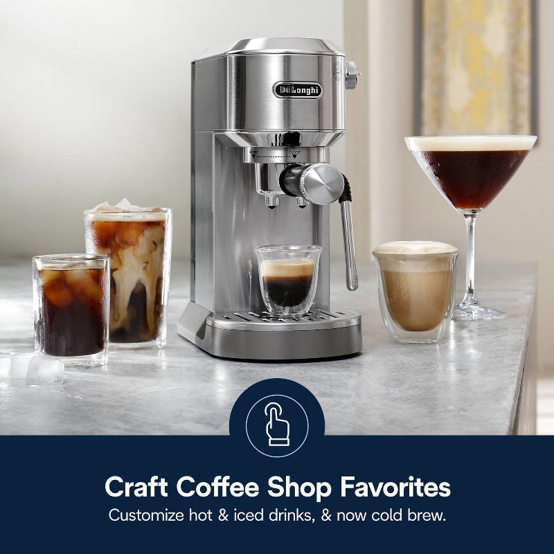 slide 3 of 14, DeLonghi Dedica Duo Espresso and Cold Brew Machine with Milk Frother for Hot & Iced Coffee, Cappuccinos, Lattes & More Stainless Steel, 1 ct