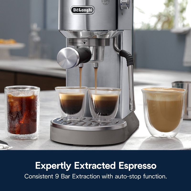 slide 7 of 14, DeLonghi Dedica Duo Espresso and Cold Brew Machine with Milk Frother for Hot & Iced Coffee, Cappuccinos, Lattes & More Stainless Steel, 1 ct