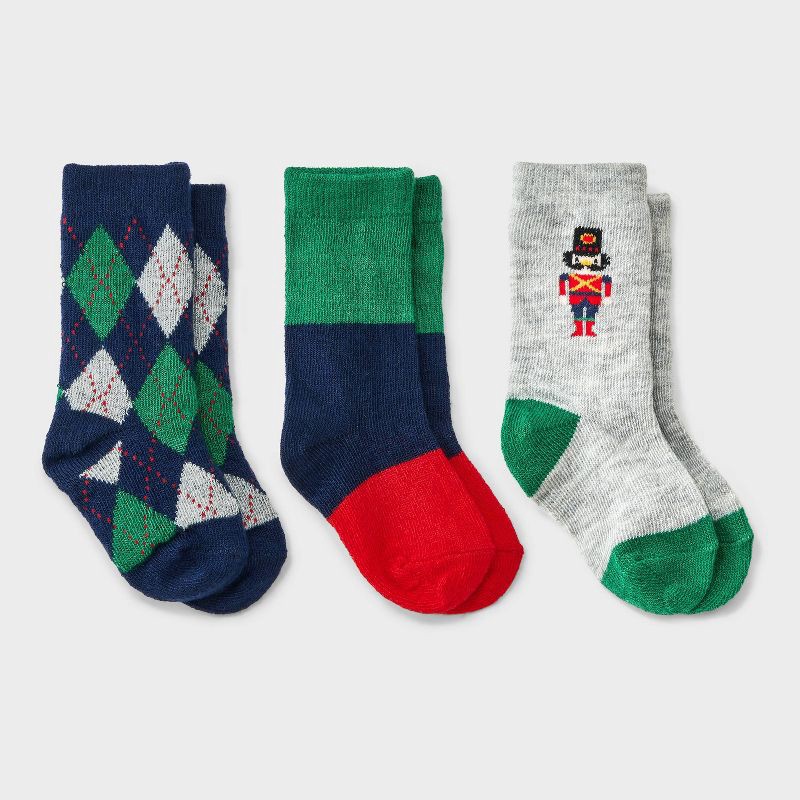 slide 1 of 3, Baby 3pk Nutcracker Argyle Crew Socks - Cat & Jack™ 12-24M, 3 ct