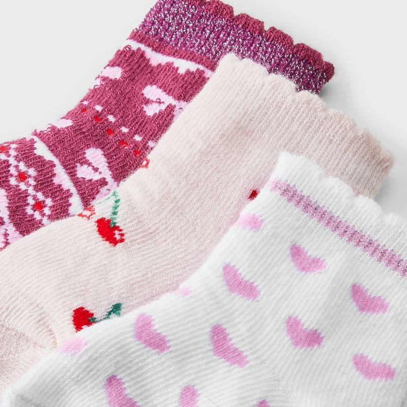 slide 2 of 3, Baby Girls' 3pk Hearts Cherries and Bows Ankle Socks - Cat & Jack™ 6-12M, 3 ct