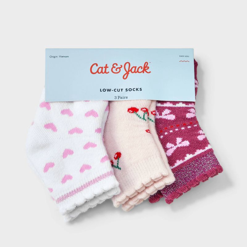 slide 2 of 3, Baby Girls' 3pk Hearts Cherries and Bows Ankle Socks - Cat & Jack™ 12-24M, 3 ct