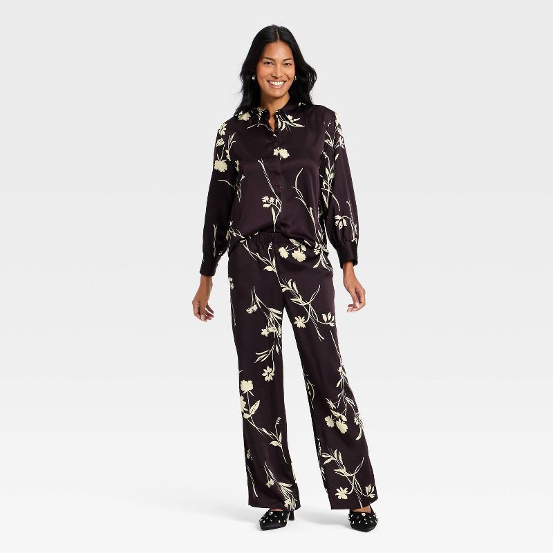 slide 3 of 3, Women's Satin Low-Rise Pull-On Pants - A New Day™ Brown Floral M, 1 ct