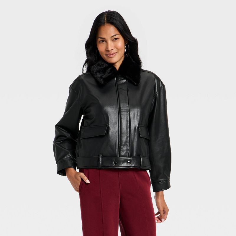 slide 1 of 3, Women's Faux Leather Jacket - A New Day™ Black L, 1 ct