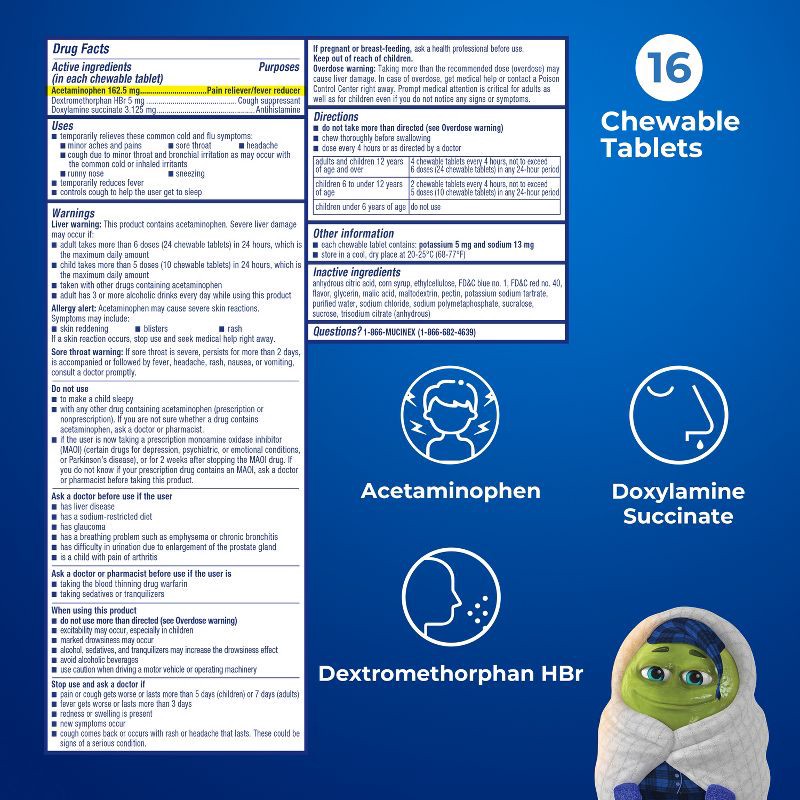 slide 7 of 10, Mucinex Kids' Mighty Chews CCF - Night Chewables - Acetaminophen, Dextromethorphan - 16ct, 16 ct