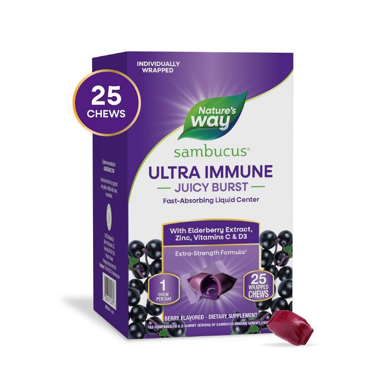 slide 2 of 9, Nature's Way Sambucus Ultra Immune Juicy Burst Chews with Vitamins C & D3, Zinc, Elderberry Extract - Berry Flavored - 25ct, 25 ct