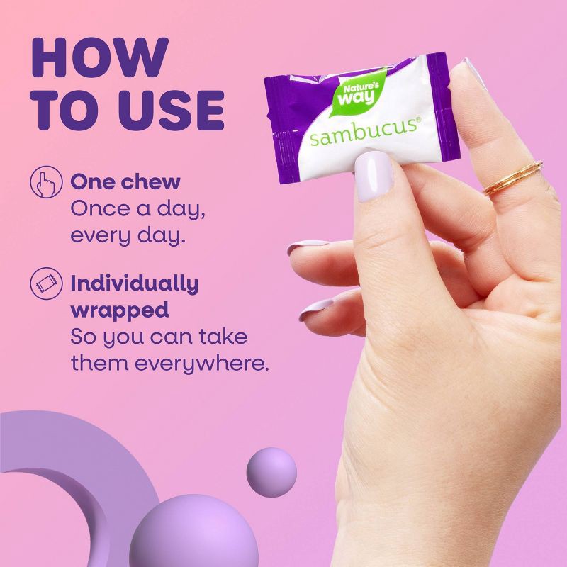 slide 5 of 9, Nature's Way Sambucus Ultra Immune Juicy Burst Chews with Vitamins C & D3, Zinc, Elderberry Extract - Berry Flavored - 25ct, 25 ct