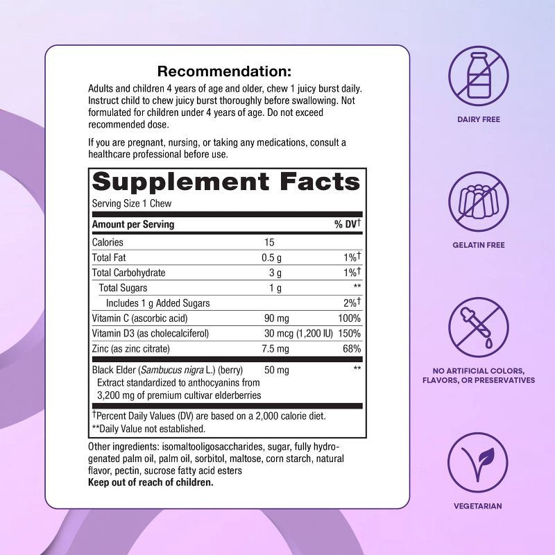 slide 6 of 9, Nature's Way Sambucus Ultra Immune Juicy Burst Chews with Vitamins C & D3, Zinc, Elderberry Extract - Berry Flavored - 25ct, 25 ct