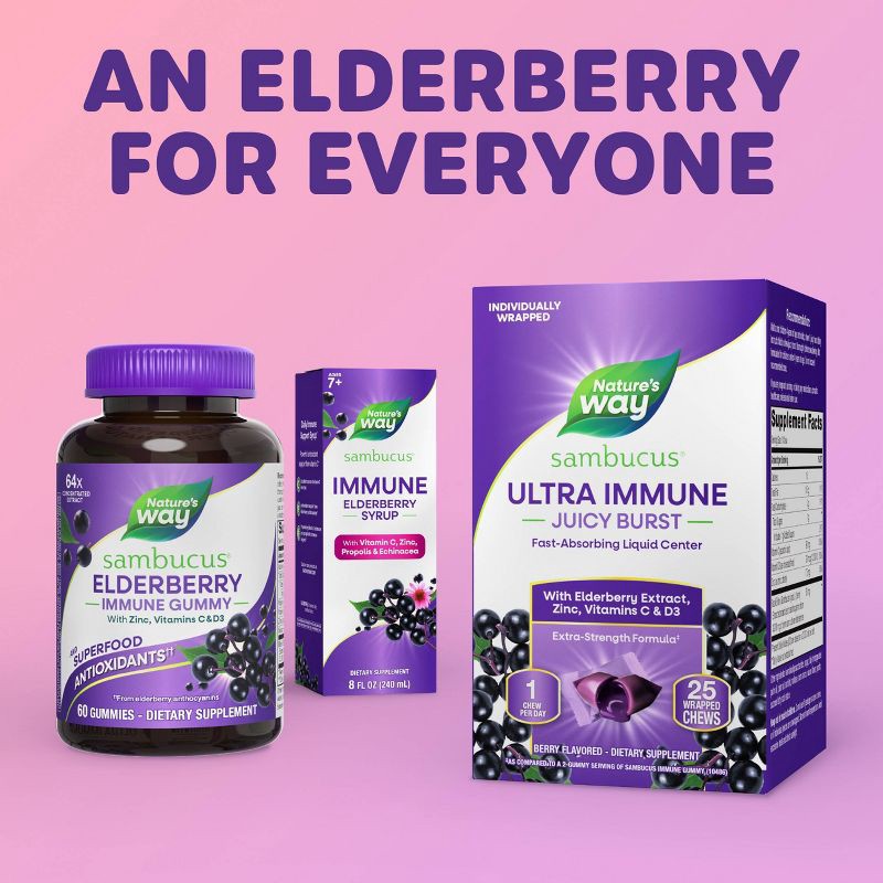 slide 7 of 9, Nature's Way Sambucus Ultra Immune Juicy Burst Chews with Vitamins C & D3, Zinc, Elderberry Extract - Berry Flavored - 25ct, 25 ct