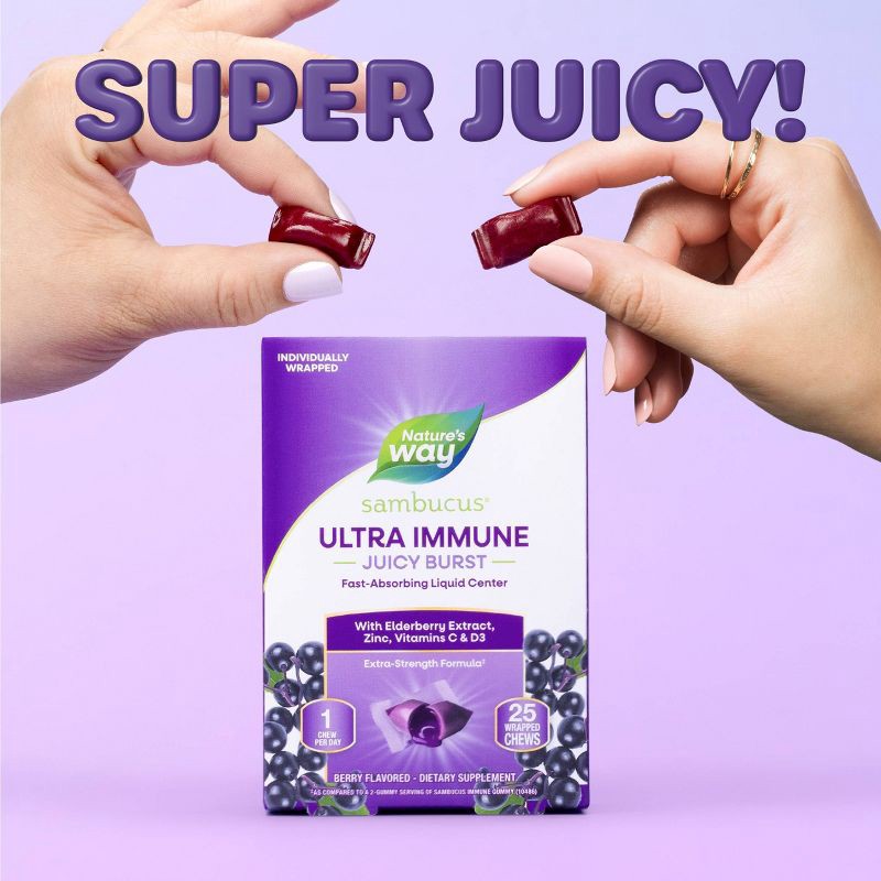 slide 8 of 9, Nature's Way Sambucus Ultra Immune Juicy Burst Chews with Vitamins C & D3, Zinc, Elderberry Extract - Berry Flavored - 25ct, 25 ct