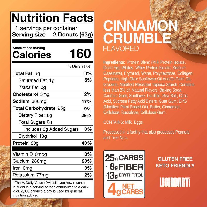 slide 5 of 5, Legendary Foods Gluten Free and Keto Friendly Protein Donuts - Cinnamon Crumble - 20g Protein - 8.9oz/4ct, 20 gram, 8.9 oz, 4 ct
