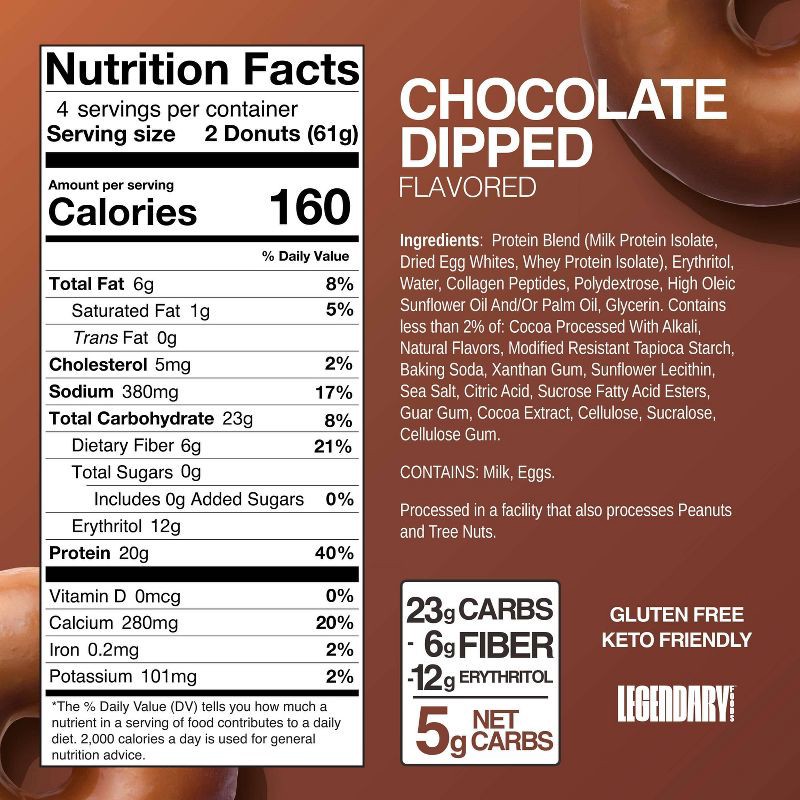 slide 5 of 5, Legendary Foods Gluten Free and Keto Friendly Protein Donuts - Chocolate Dipped - 20g Protein - 8.6oz/4ct, 20 gram, 8.6 oz, 4 ct