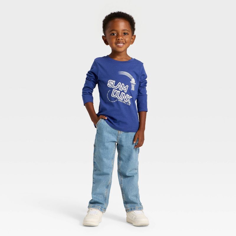 slide 4 of 4, Toddler Boys' Long Sleeve Slam Dunk Graphic T-Shirt - Cat & Jack™ Dark Blue 3T, 1 ct