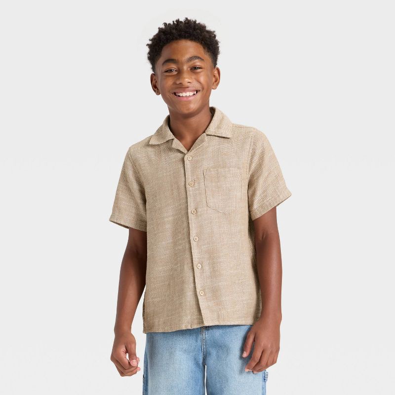 slide 1 of 3, Boys' Short Sleeve Woven Button-Up Shirt - art class™ Beige M, 1 ct