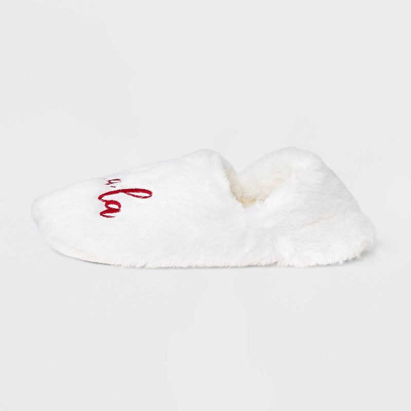 slide 2 of 5, Adult Embroidered 'Fa La La' Faux Fur Christmas Slipper Socks with Grippers - Wondershop™ Ivory M/L, 1 ct